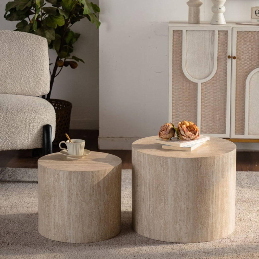 Nesting Coffee Table Set of 2, Modern Round Wooden Coffee Tables, Accent End Side Table for Small Space Living