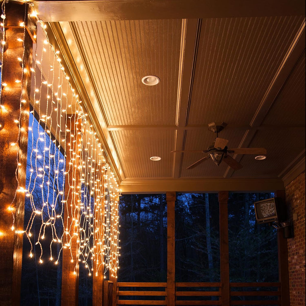 Curtain-Lights Outdoor, 300 LED-Fairy Lights, Connectable15×3.3 FT with 8 Lighting Modes, for Balconies, Fences