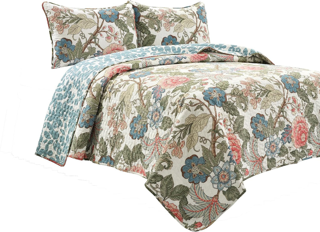 Reversible Cotton Quilt Set, 3 Piece Set, Full/ Queen, Green & Blue - Cotton Bedding Set - Blue Floral Quilt