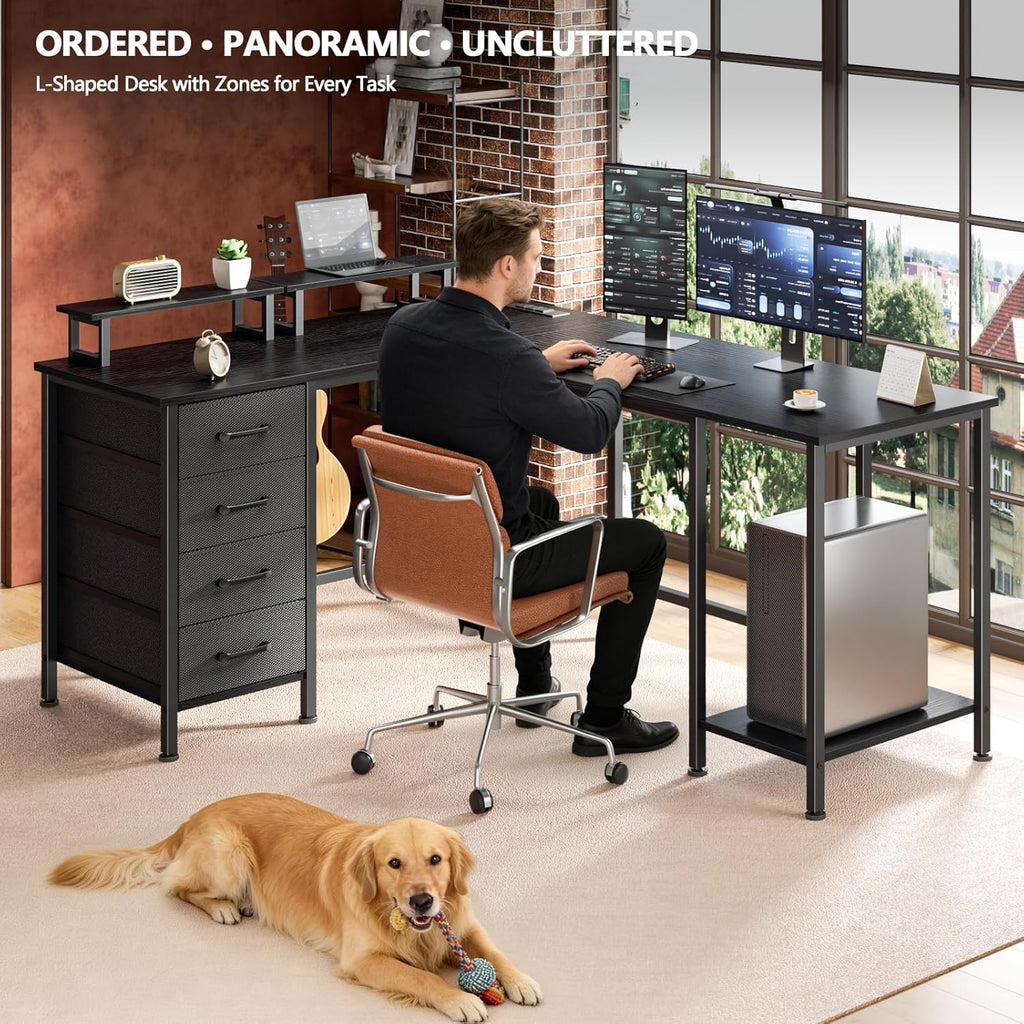 59 inch L Shaped Computer Desk with Power Outlets, Black | Ideal , Corner, 4 Adjustable Storage Drawers, 2 Monitor