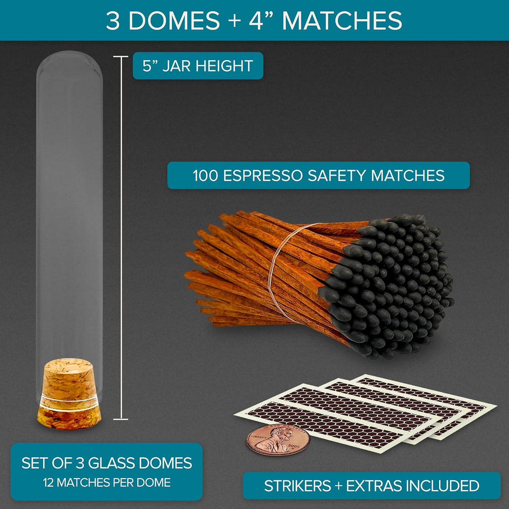 Decorative Matches in Mini Match Cloche Glass Jar Set | 4" Espresso Tip Long Matches (100 match sticks) + 3 Cork Top