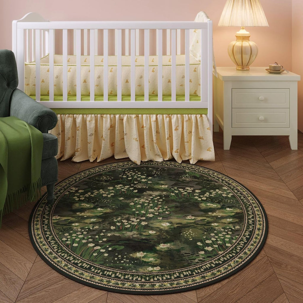 Round Area Rug 8ft Washable Vintage Impressionist-Style, Green