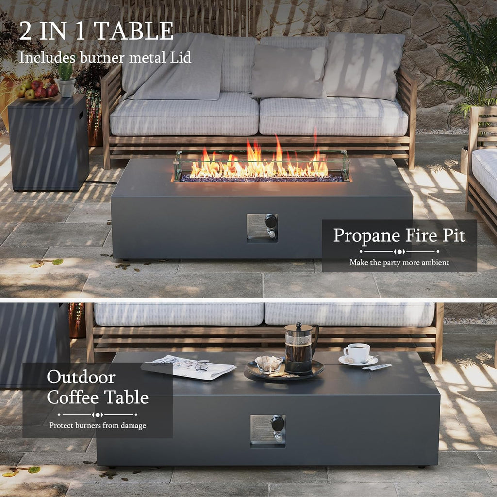 56-inch Outdoor Propane Gas Fire Pit Table 50000 BTU Iron Rectangle Firepit for Outside Patio with Tank Hidden Table