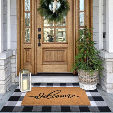 Welcome Front Door Mats Combo Set, 100% Coco Coir Doormat + 28" x 43" Black and White Plaid Rug, Front Porch Entryway