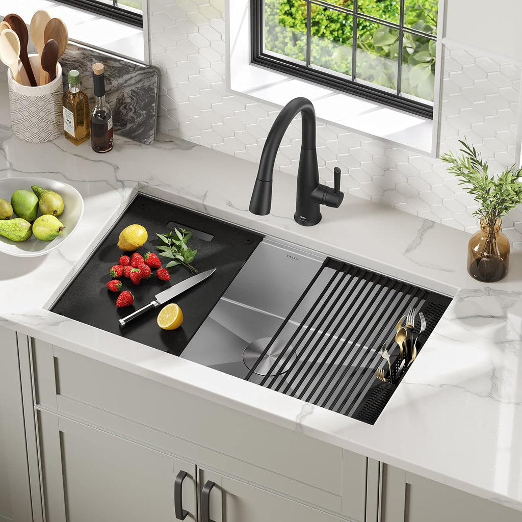 Rivet 32-Inch Workstation Kitchen Sink Undermount 16 Gauge Stainless Steel Single Bowl with WorkFlow Ledge and Chef's