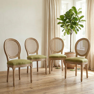Vintage French Country Dining Chairs Set of 4, Farmhouse Rattan Dining Room Chairs with Round Back, Linen Upholstered