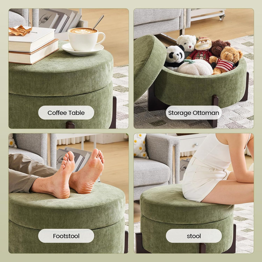 26Inch Round Storage Ottoman, Modern Chenille Upholstered Ottoman with Storage, Ottoman Coffee Table with Removable