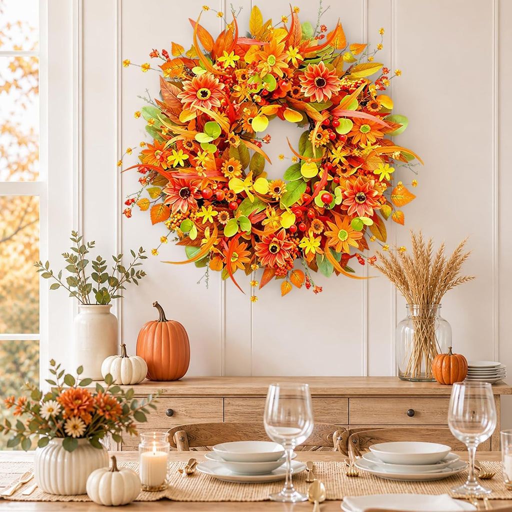 Fall Wreath for Front Door, 24 Inch Autumn Wreath with Berries,Lemon Leaves, Oak Leaves, and Maple Leaves Fall