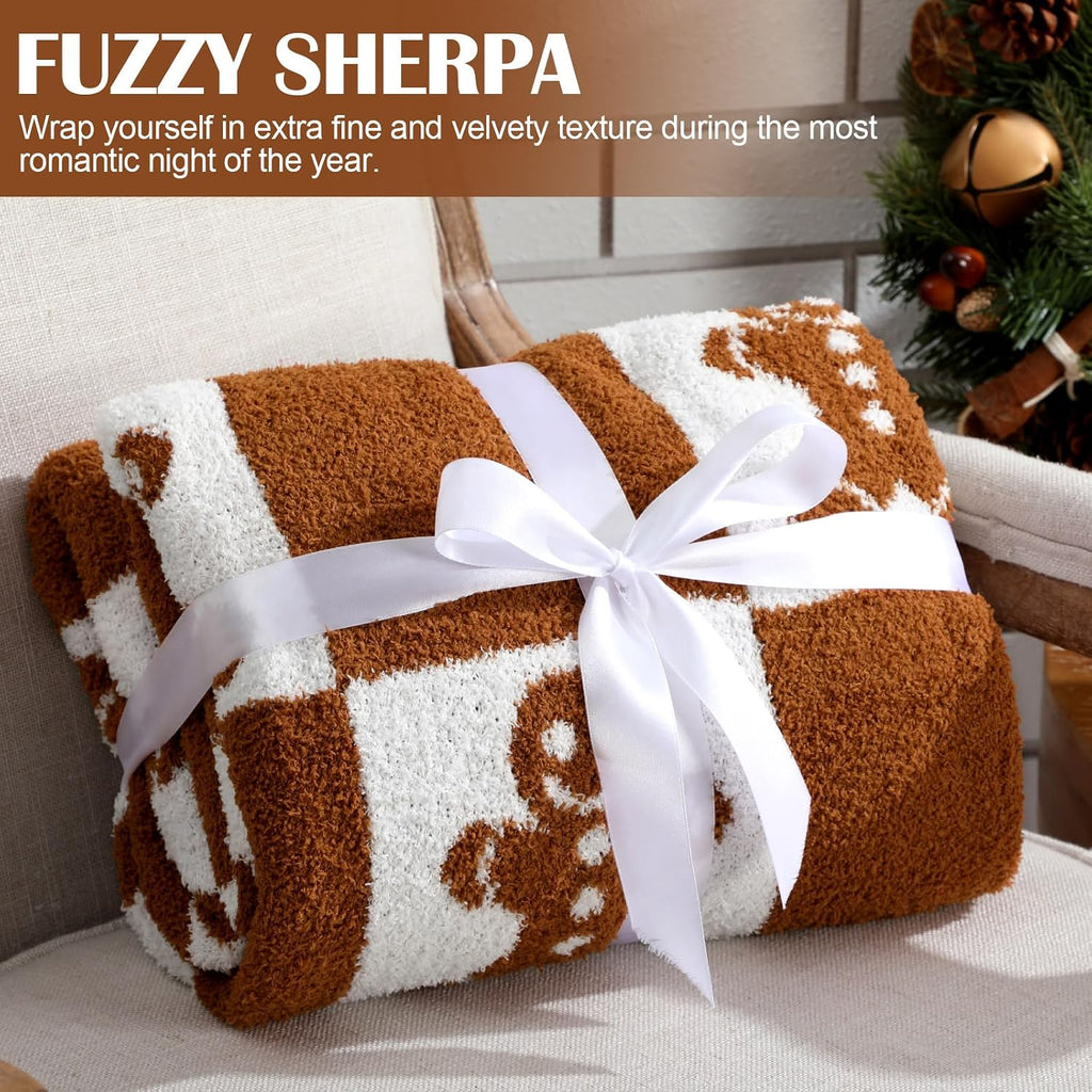 Christmas Gingerbread Man Knit Throw Blanket, 50 x 60 Inch Xmas Reversible Knitted Throw Blanket, Cozy Lightweight