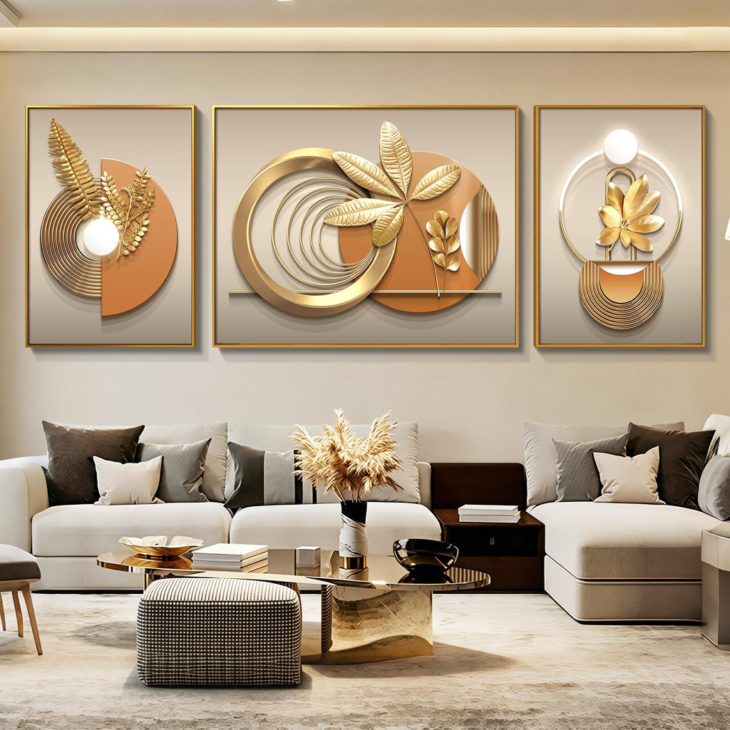 Large Framed Gold Wall Decor, Botanical 3 Piece 75x28 In