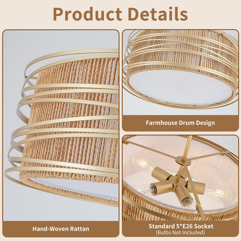 5-Light Rattan Drum Chandelier 19.7'' Boho Gold Pendant Light
