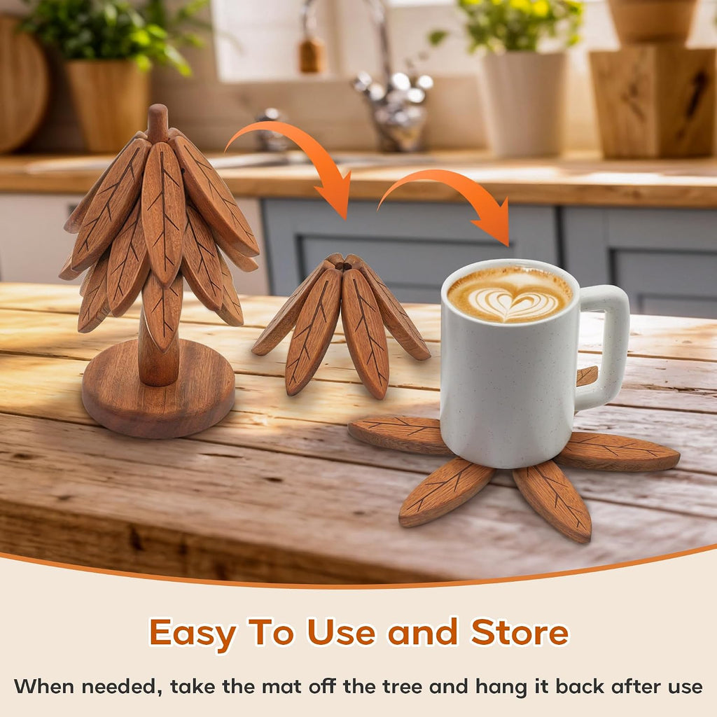 Wooden Trivets for Hot Dishes, Wooden Tree Trivet Set, Tree Coasters - of 5 + 1 Stand stored, Suited for Hots, Pans - Set of 5