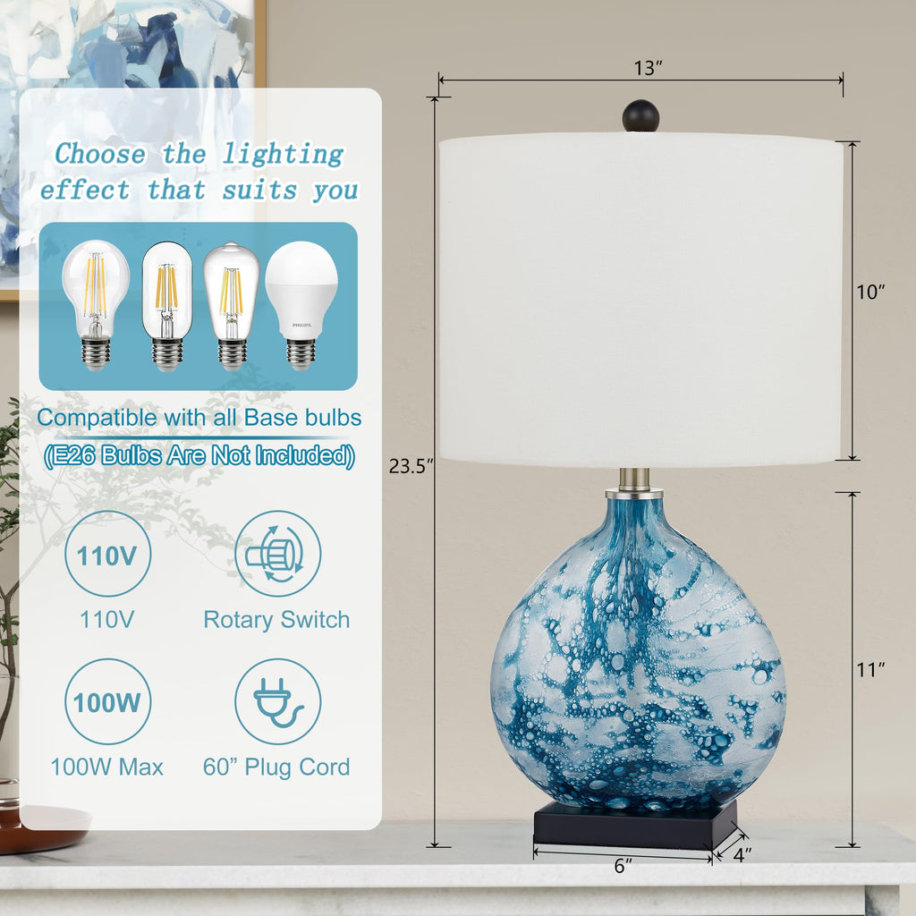 24" Coastal Glass Table Lamp, 3-Way Dimmable Blue Glass Bedside Lamp with White Drum Shade Bedroom Nightstand