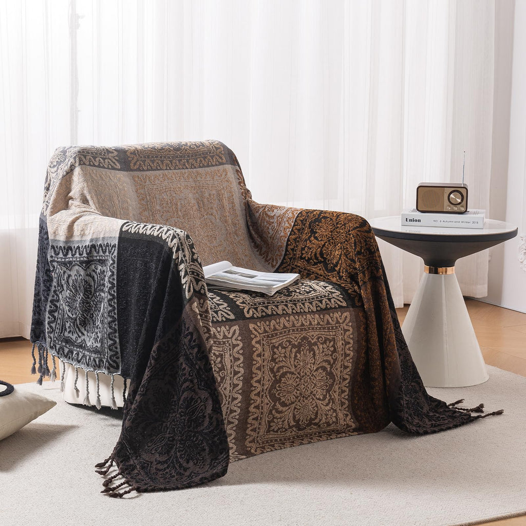 Boho Throw Blanket, Chenille Jacquard Tassels Throw Blankets for Bed Couch Soft Chair, Bohemian Fringe Tassels