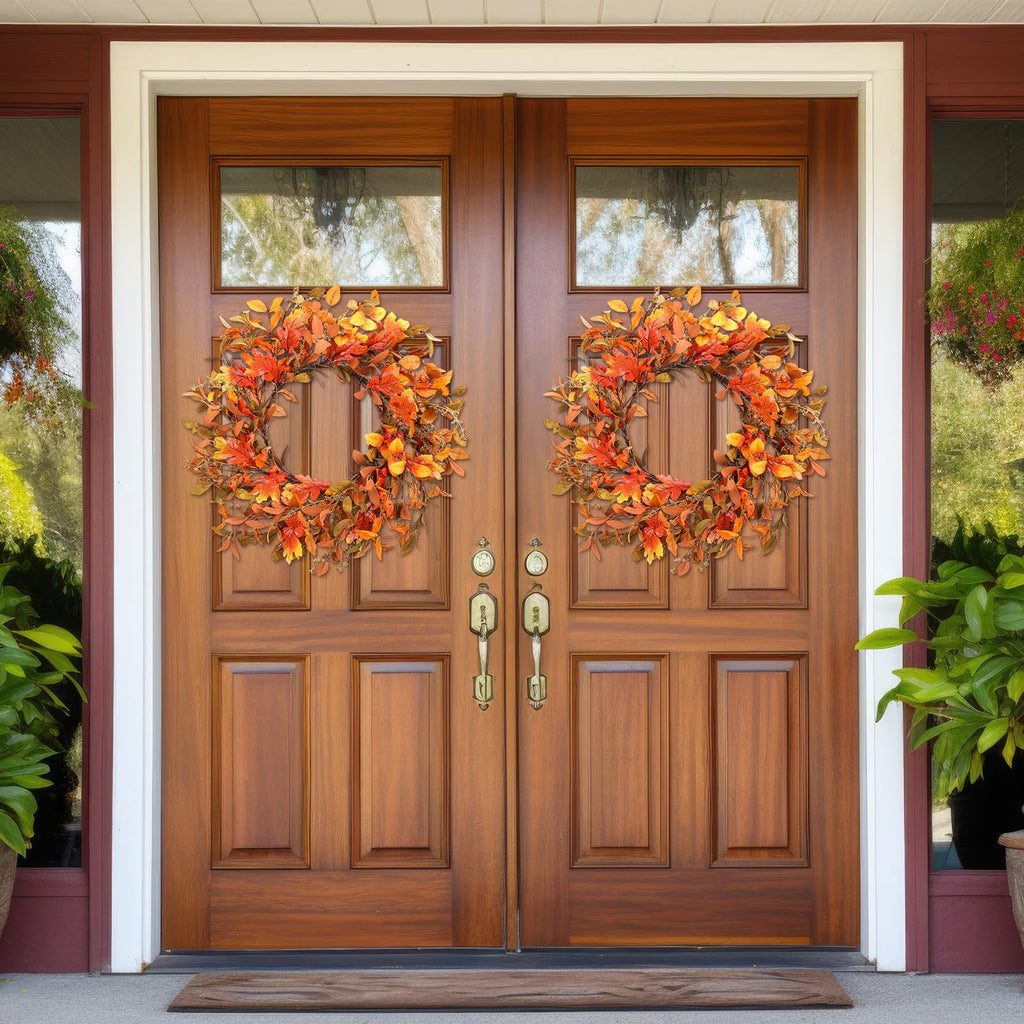2 Pcs 22'' Fall Wreaths for Front Door Autumn Wreaths with Berries Harvest Eucalyptus Leaves Orange Gold Leaves Wall