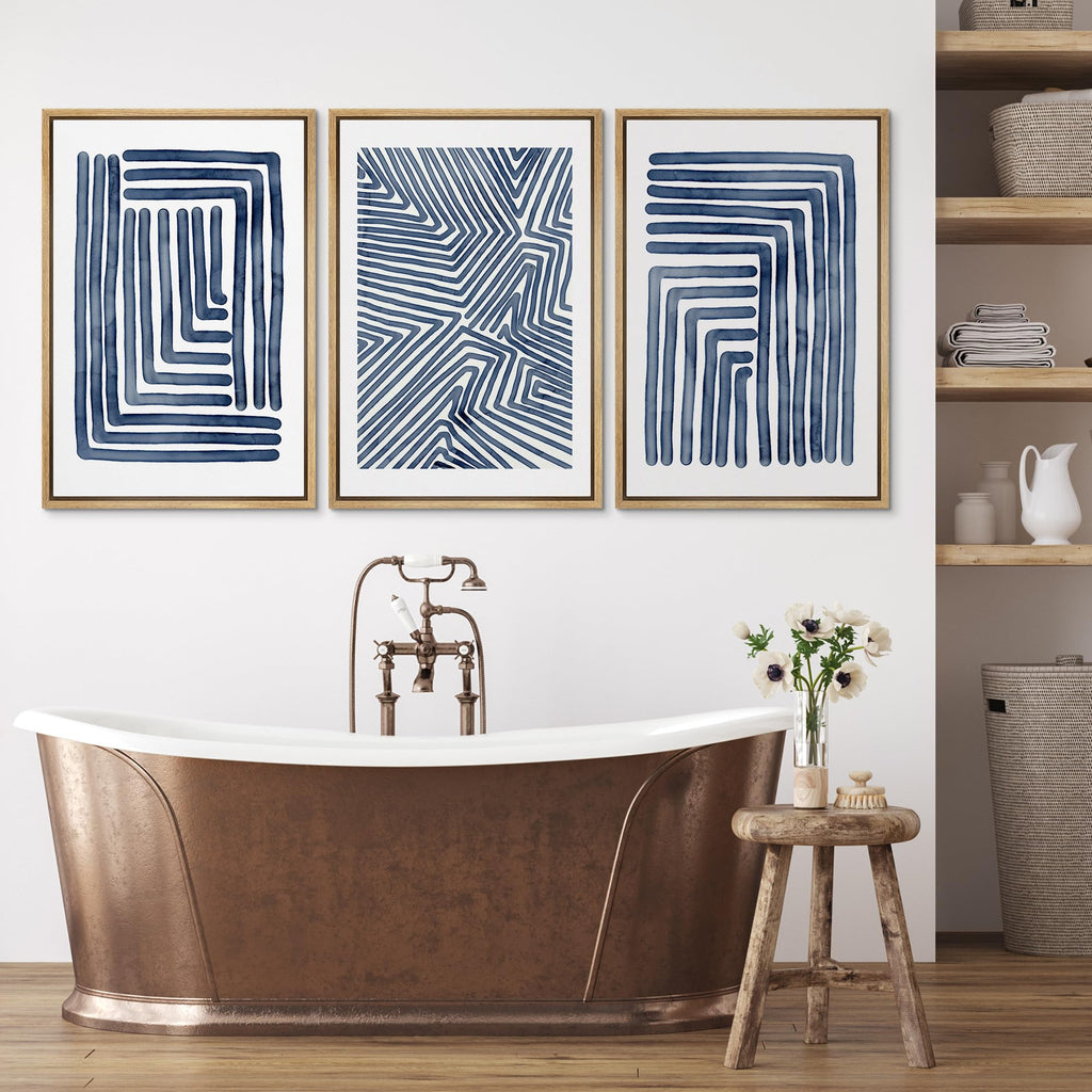Framed Canvas Print Wall Art Set Navy Blue Stripe Polygon Pattern Collage Abstract Geometric Illustrations Decorative
