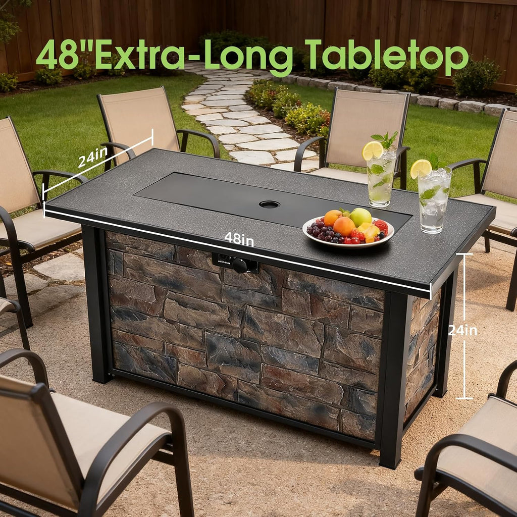 48 Inch Rectangular Propane Fire Pit Table, 50000 BTU, Metal Top | Stone-look Panels, with Metal Lid, Lava Rocks &