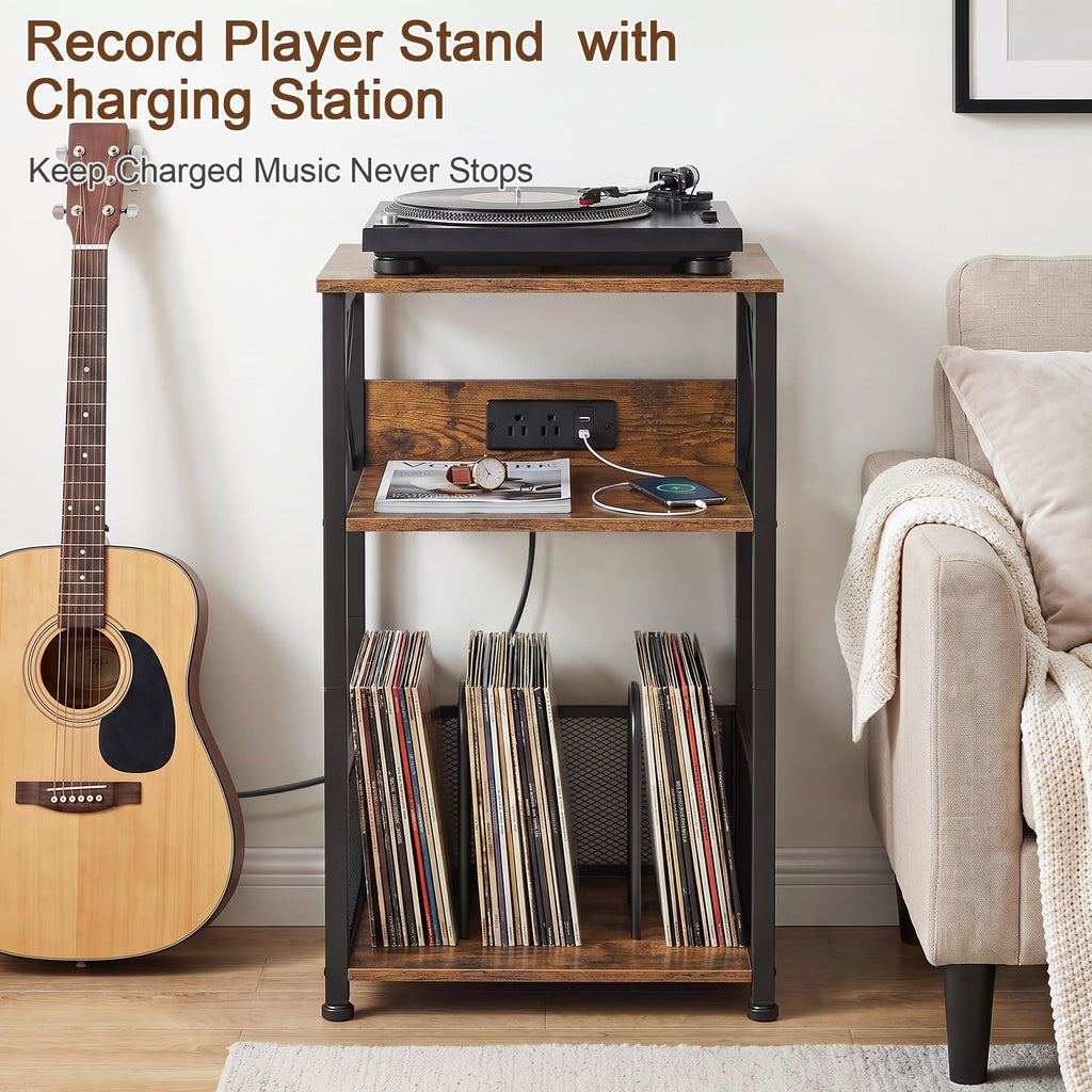 Record Player Stand with Charging Station, Vinyl Record Storage