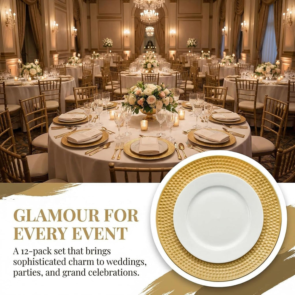 Gold Charger Plates, 13 Inch Round Charger Plates with Hammered Rim, Plastic Charger Plate for Wedding Dinner - Set of 12