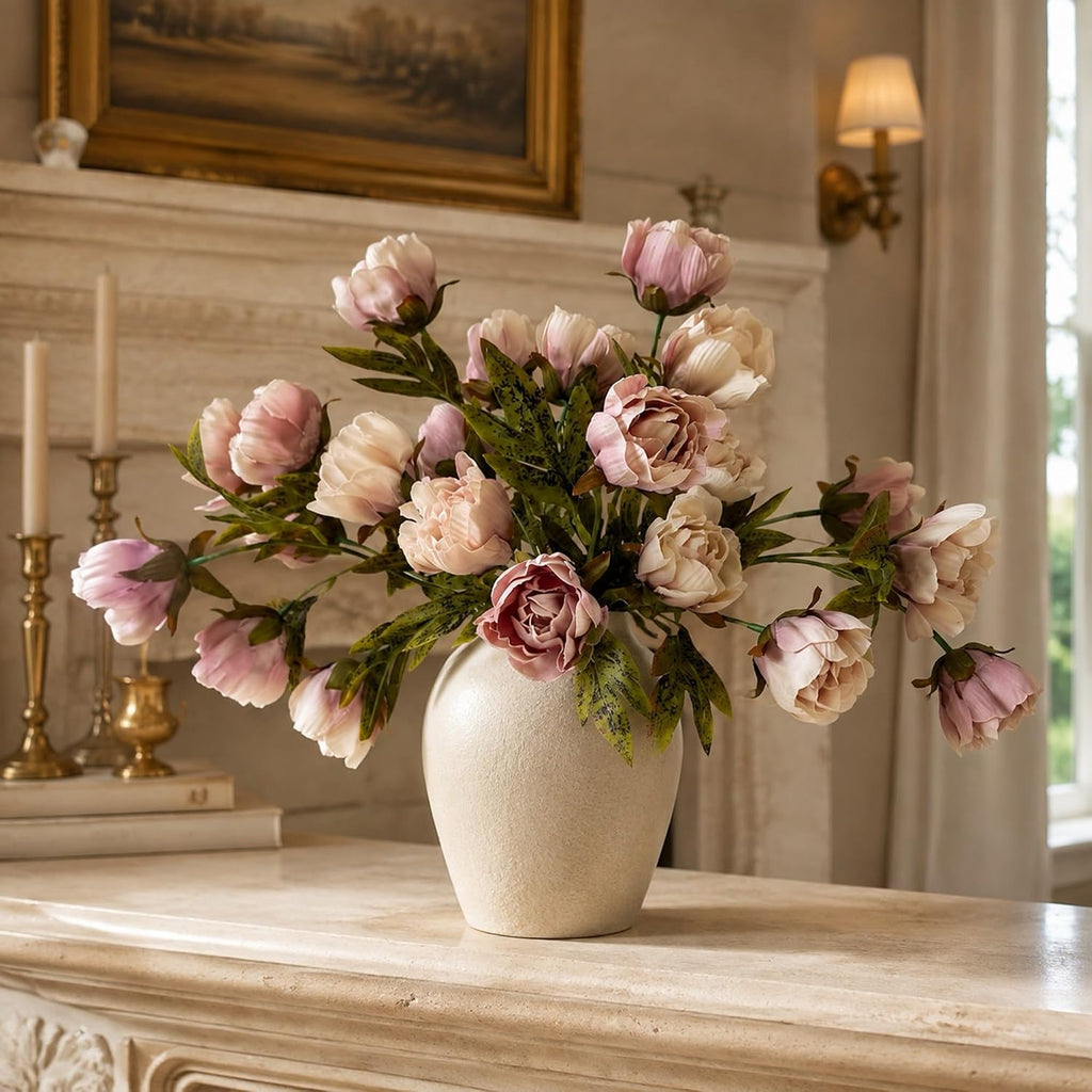 Silk Peonies Artificial Flowers Stems for Vase, Brownish Dusty Pink - Set of 6