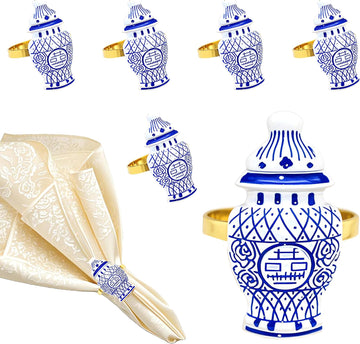 Blue White Porcelain Napkin Rings Vintage Chinoiserie Napkin Ring for Asian Christmas New Year Party - Set of 6