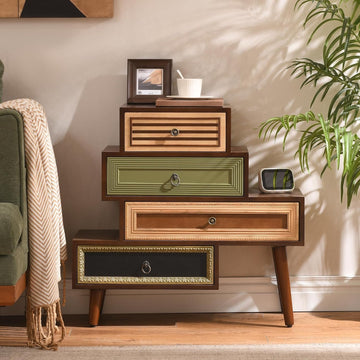 Vintage Accent Chest with 4 Drawers, Asymmetrical Stacked Design, Multicolored Hand-Carved Decorative Rustic Cabinet