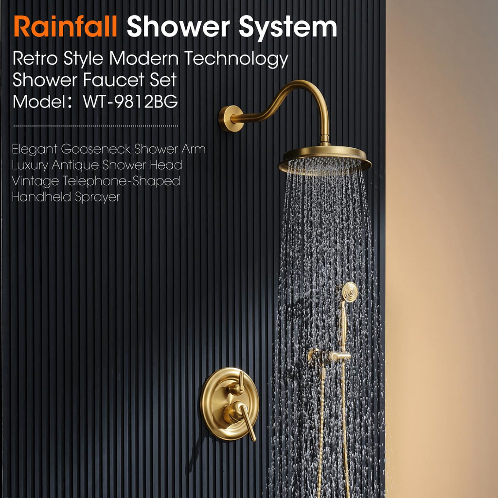 Rainfall Shower System Shower Faucet Set, Luxury, Antique, Brushed Gold