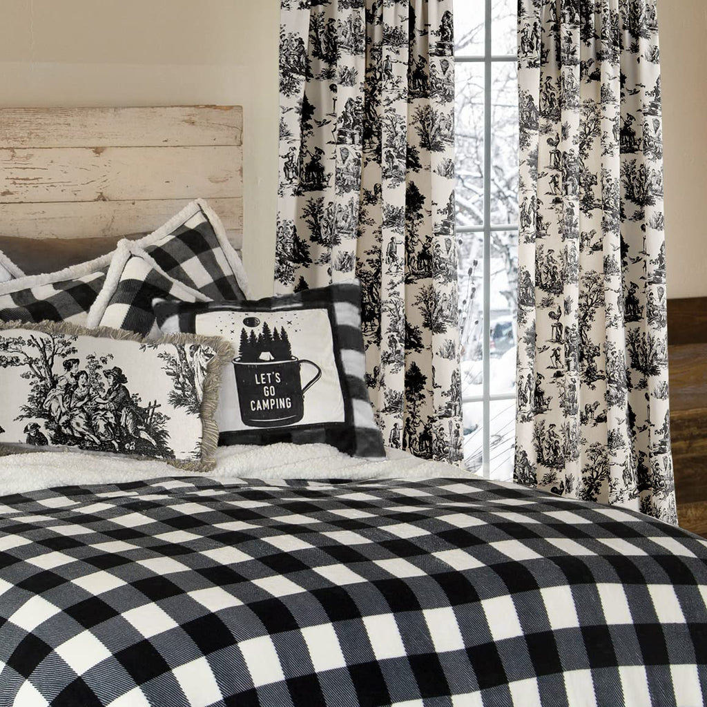 Black Curtains 84 Inches Long Patterned Print Semi Blackout Farmhouse Modern Toile Pattern on Cream White Cotton
