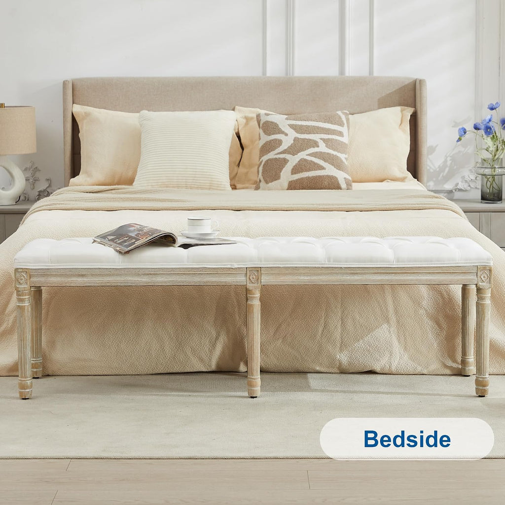 58'' Linen End of Bed Bench King Size, White | Vintage, Upholstered, Button-Tufted, Carved Wood Legs