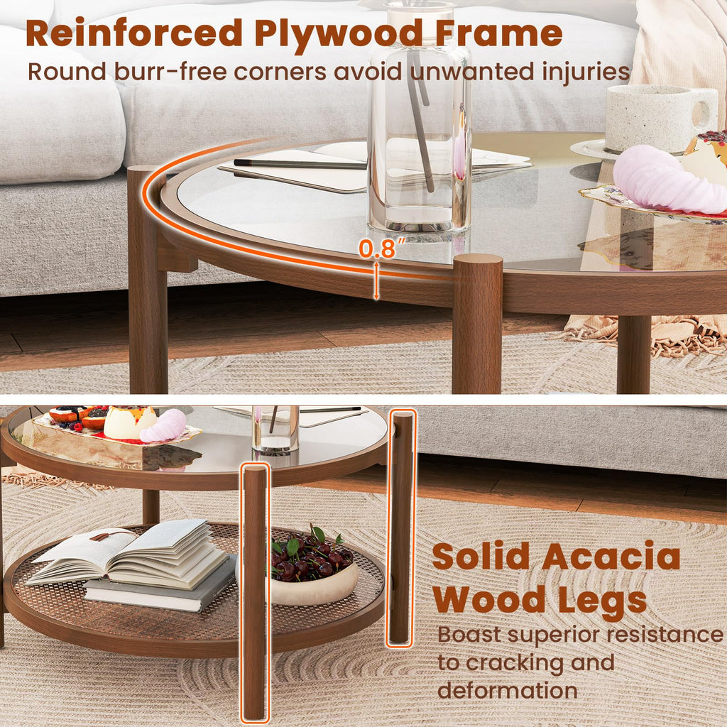 Rattan Coffee Table, Boho Round Glass Tea Table with PE Rattan Storage Shelf & Wood Frame, 2 Tier Accent Center Table