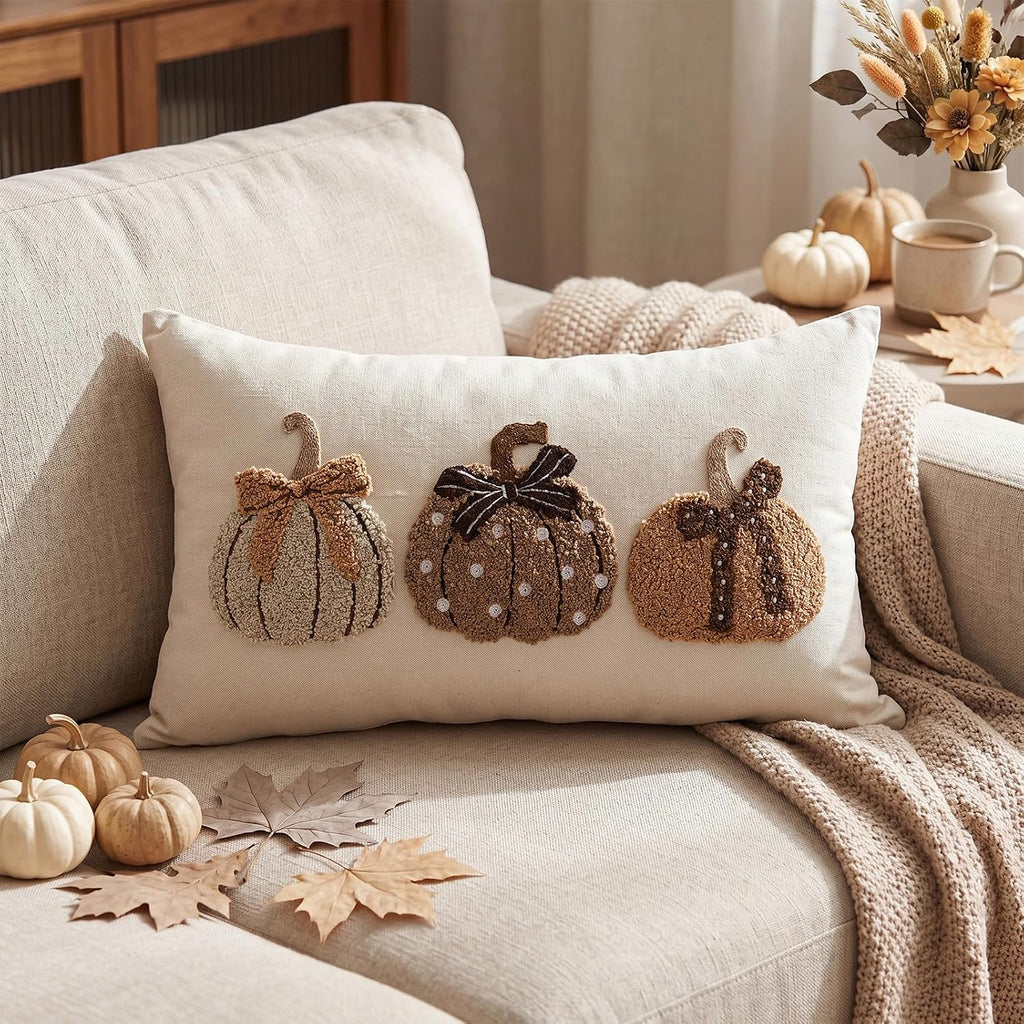 Fall Pumpkin Pillow Covers 12x20 Rustic Boho Brown Beige Lumbar Case