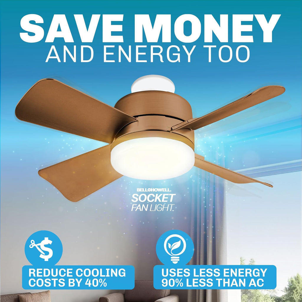 Breeze Socket Fan Light with Remote, Portable Small Ceiling Fans with Lights for Bedroom, Kitchen, Living Room, Ceiling Fan with Light 3500K, 1000 Lumens, Screws into E26/E27 A101-B0CT64SVST