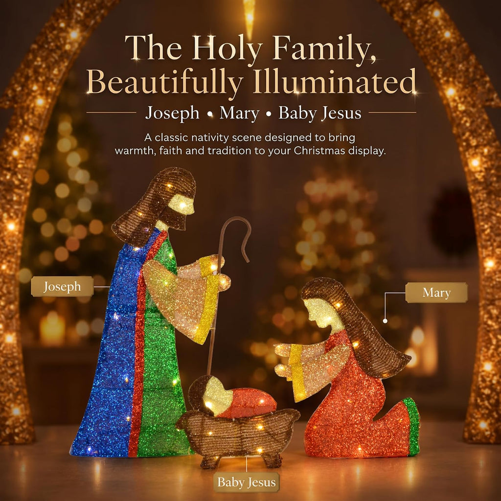 52" 2D Lighted Nativity Scene Outdoor Christmas Decorations, 90 LED Pre-Lit Champagne Gold & Multicolor Holy Family