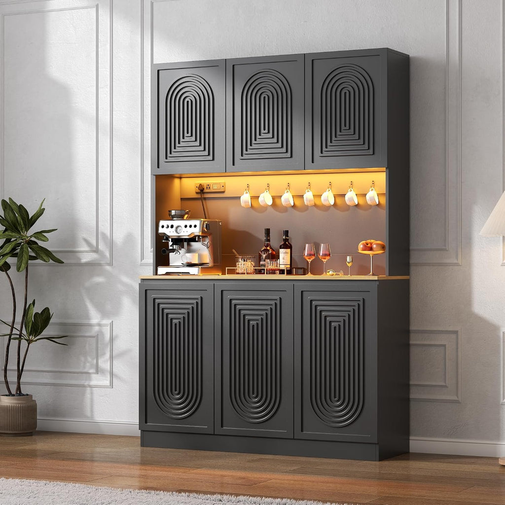 71" Kitchen Pantry with Power Outlet & LED Light, Large Kitchen Hutch Cabinet with Adjustable Shelf, Modern Buffet