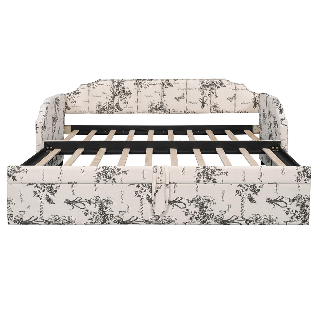 Twin Size Daybed with Trundle, Linen Upholstered Extendable Sofa Bed Frame with USB Ports, Space-Saving Twin to King