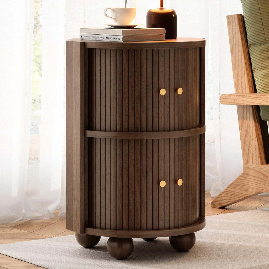 17.76''W Fluted Nightstand with 2 Sliding Doors, 2-Tier Storage, Walnut