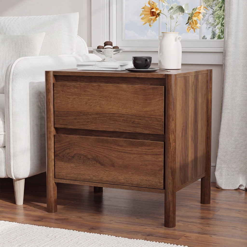 2 Pcs Walnut Nightstand Set, 2 Drawer Bedside End Table