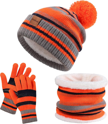 Kids Winter Hat Gloves Scarf Set: Girls Boys Beanie Fleece Lined