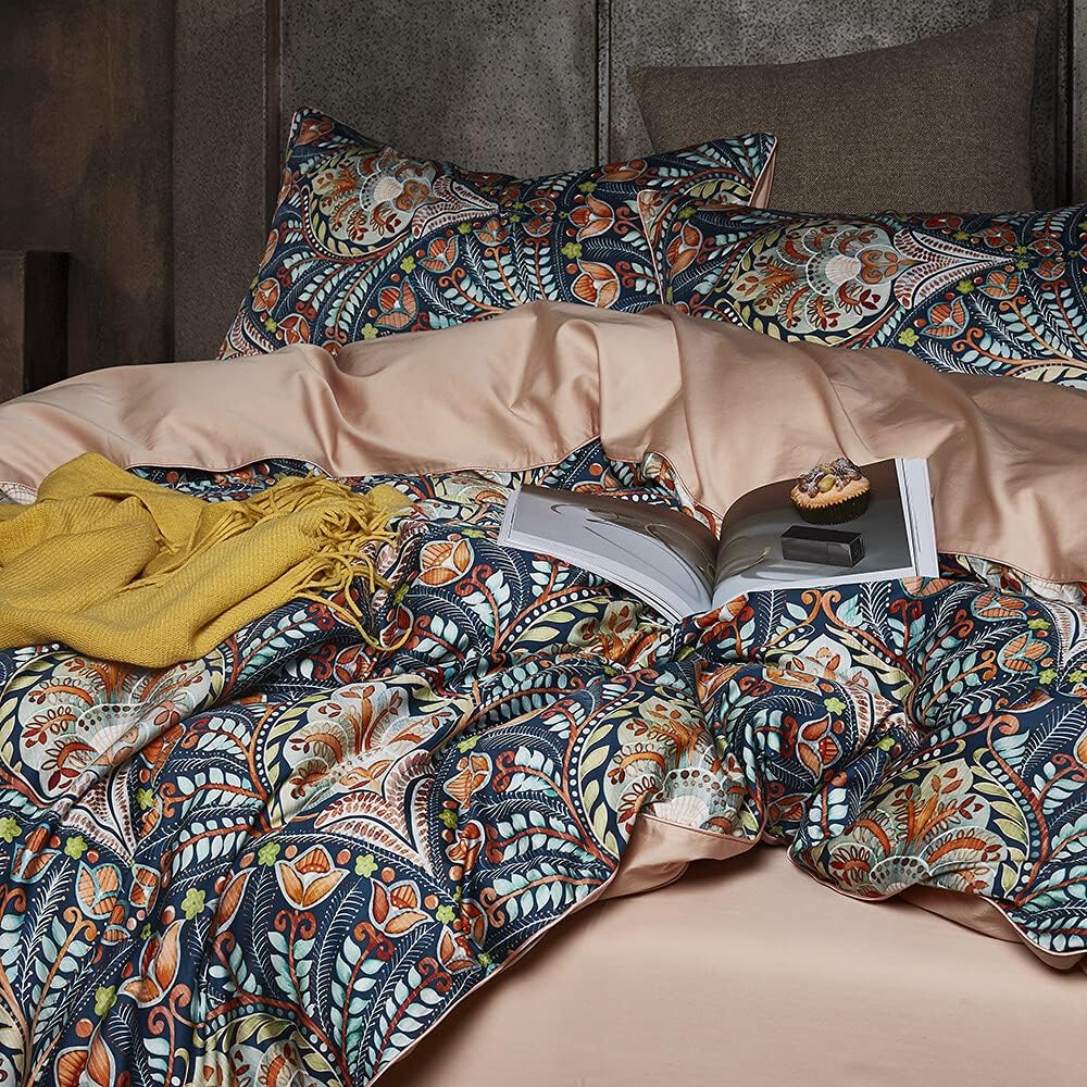 King Duvet Cover Set - 3pc Dark Navy Paisley Boho Bedding - Luxury Art Deco Floral Botanical Print, Soft Microfiber