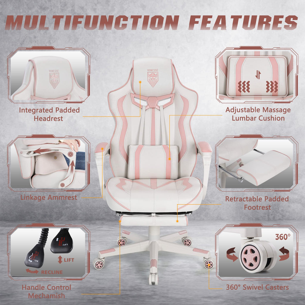 Gaming Chair for Girls, Pink Computer Gaming Chairs for Adults, Reclining Gamer Chair with Footrest with Massage