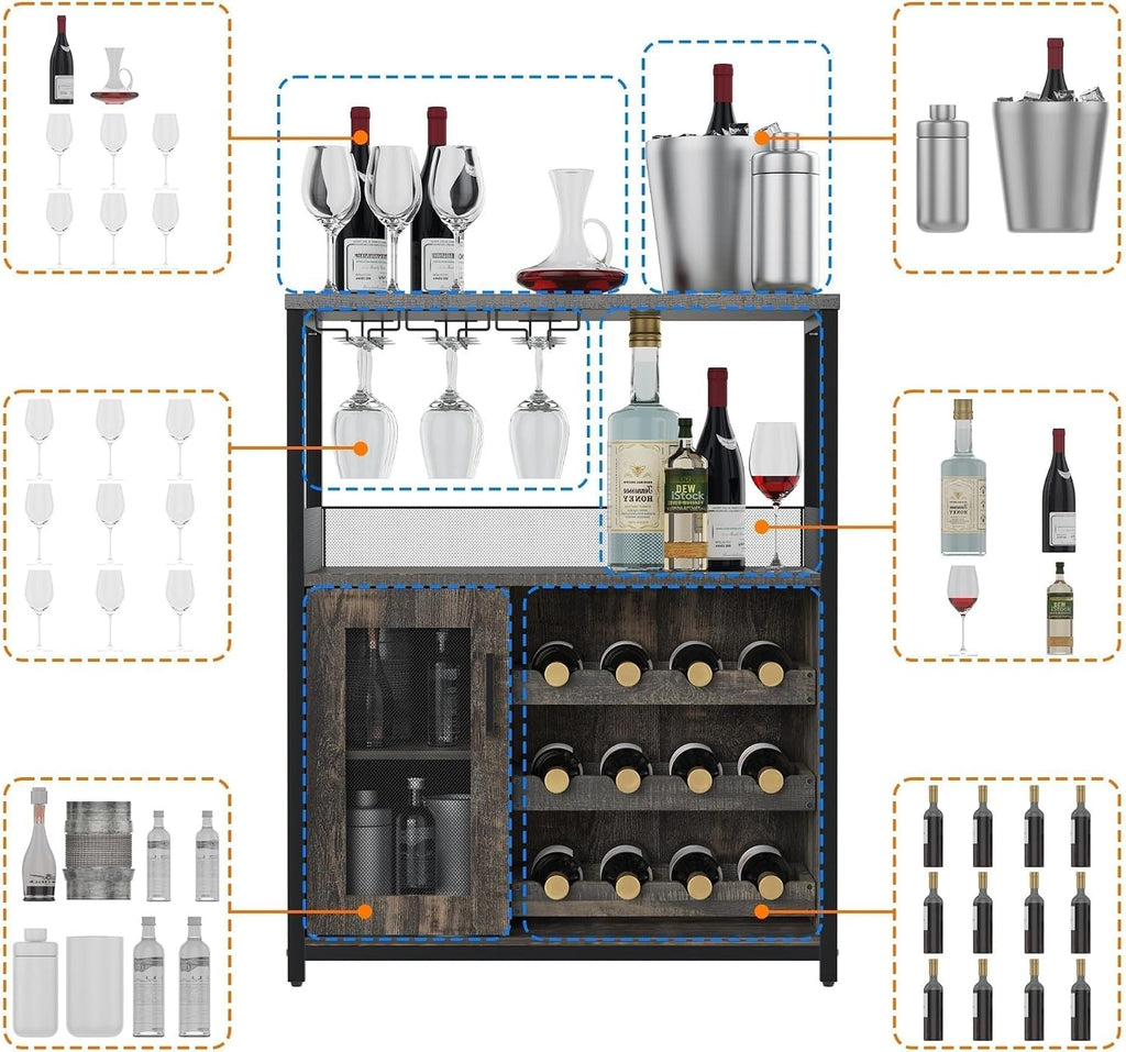 Wine Bar Cabinet with Detachable Wine Rack and Storage Space | 3-Tier Buffet Cabinet with Glass Holder and Mesh Door