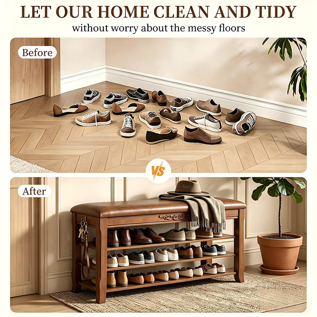 Shoe Rack Bench Entryway Storage with Leather Cushion, 39.4"