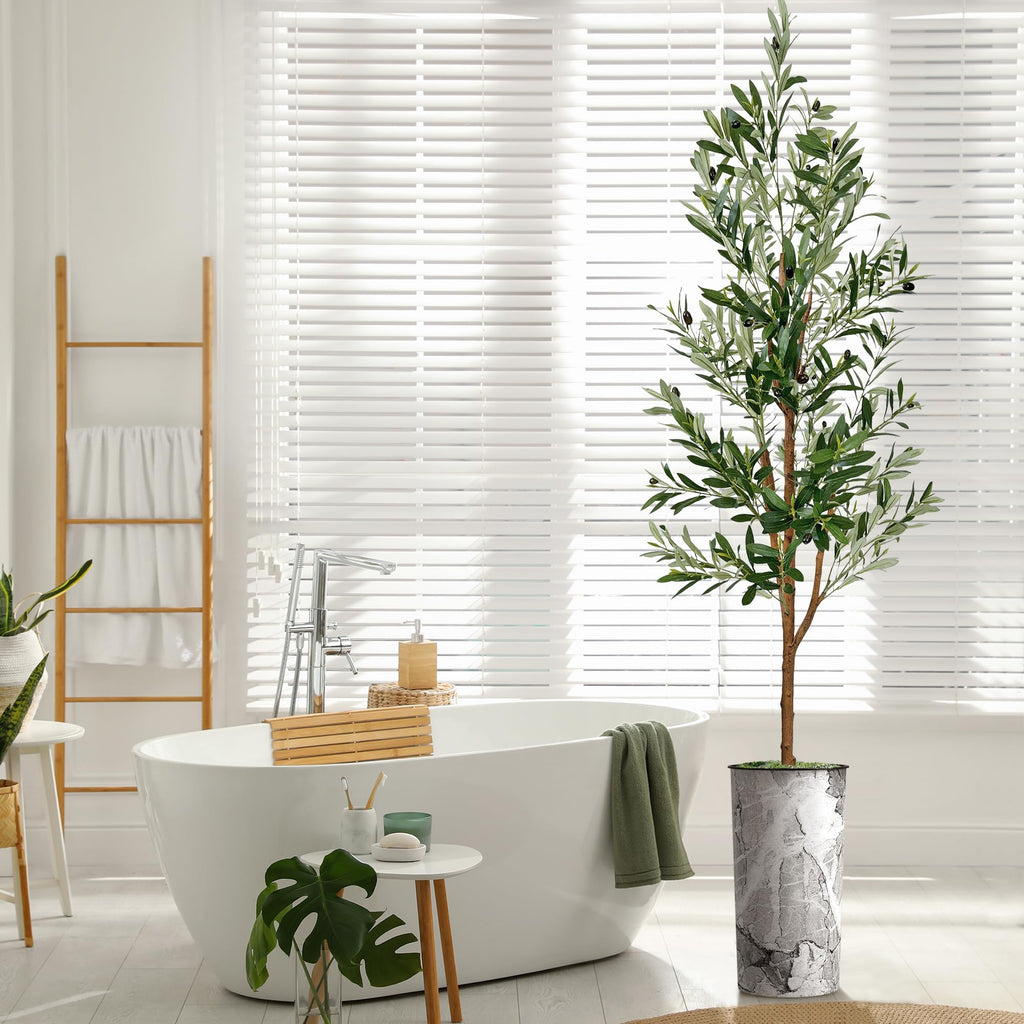 Artificial Tree in Gray Marble Effect Planter, Fake Olive Silk Tree for Indoor and Outdoor Home Decoration - 68"