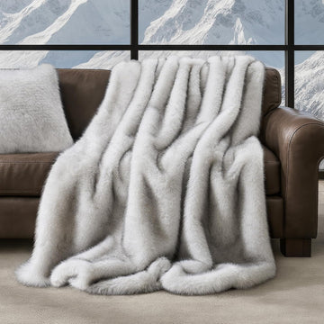 Luxury Faux Fur Throw Blanket, 60"x80", Frosted White Wolf | Fluffy Faux Mink Blanket, Soft Cozy Plush, Thick Warm