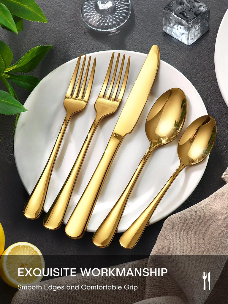 Gold Silverware Set for 8, 40 Piece Food-Grade Stainless Steel Flatware Set, Rust-proof Mirror Polished Cutlery