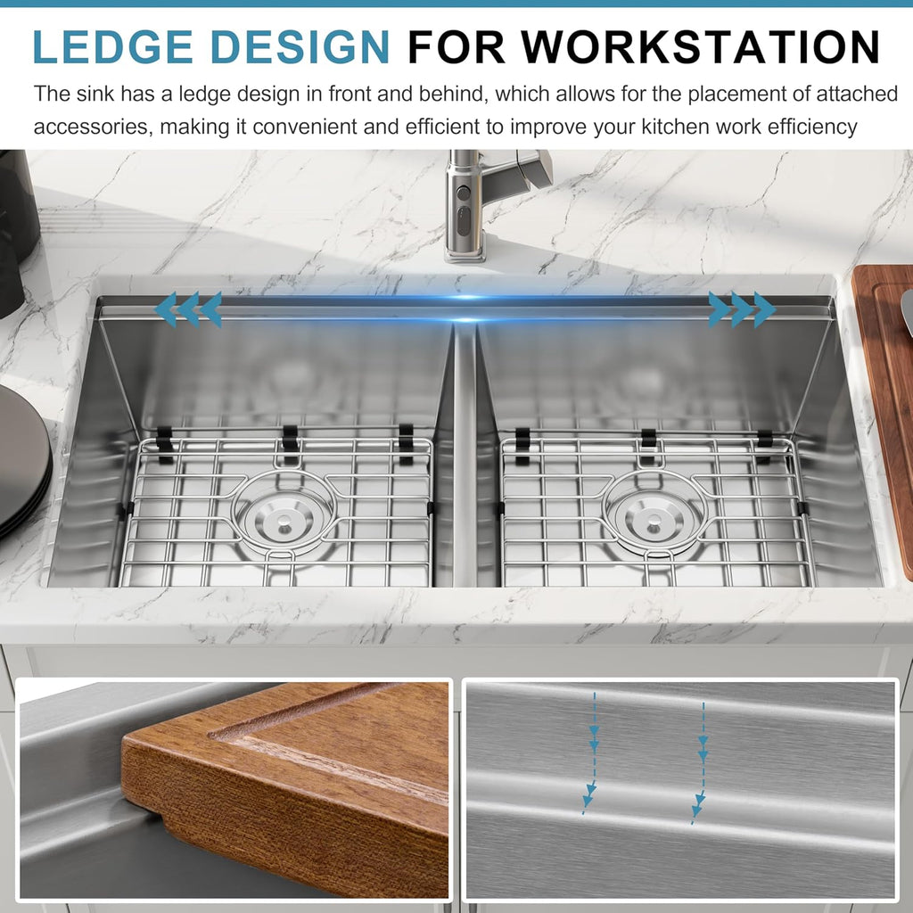 32 Inch Undermount Workstation Handmade Double Bowl Kitchen Sink | 16 Gauge Thickness, 304 Stainless Steel, Brushed