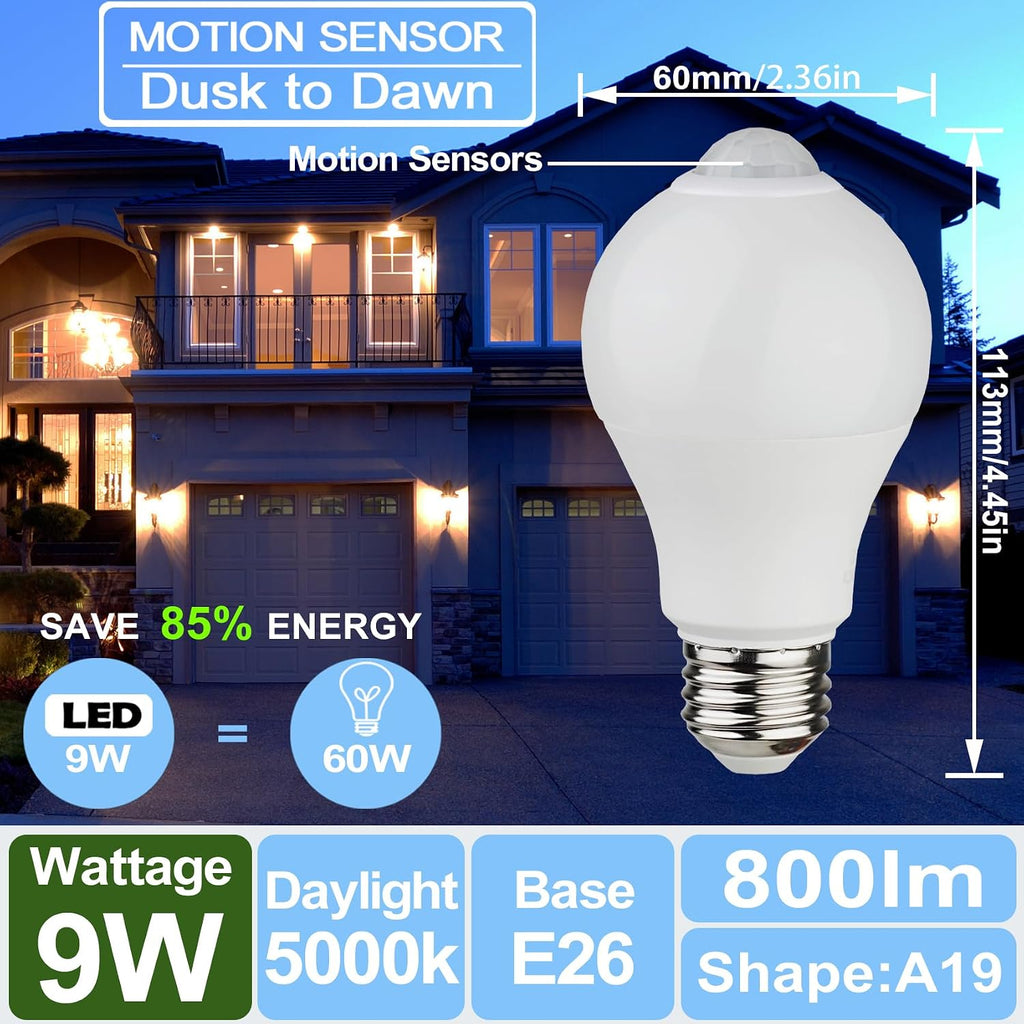 Motion Sensor Light Bulbs- 9W(60-Watt Equivalent), E26 5000K Daylight A19 800LM Outdoor/Indoor, Dusk to Dawn Security
