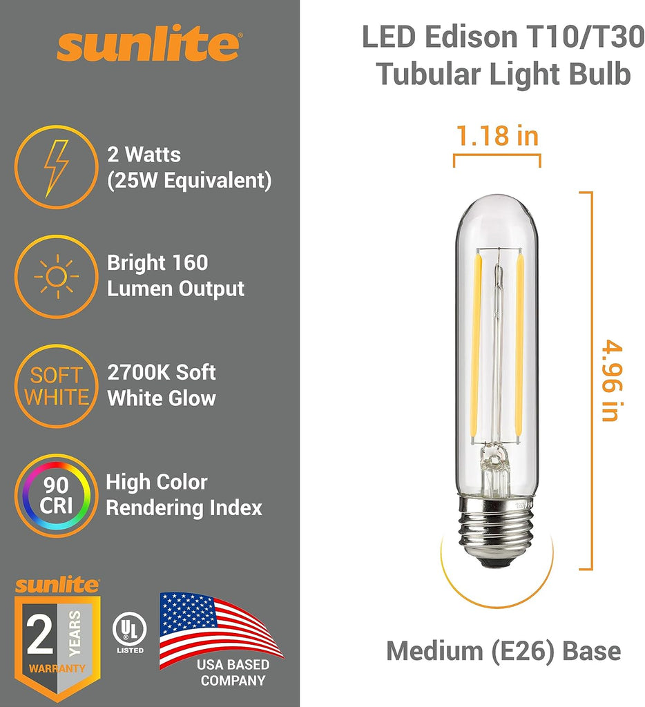 LED Edison T10/T30 Tubular Light Bulb, 2 Watts (25W Equivalent), 160 Lumens, Medium E26 Base, 120 Volts, Dimmable, 90