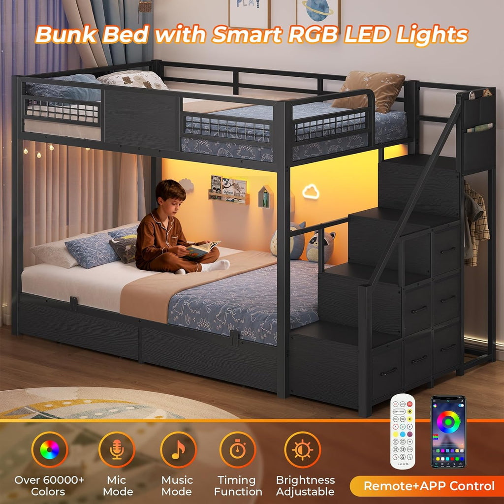 Bunk Bed Twin Over Twin with Stairs, LED Lights Twin Bunk Bed with 2 Storage Drawers & 6 Fabric Drawers