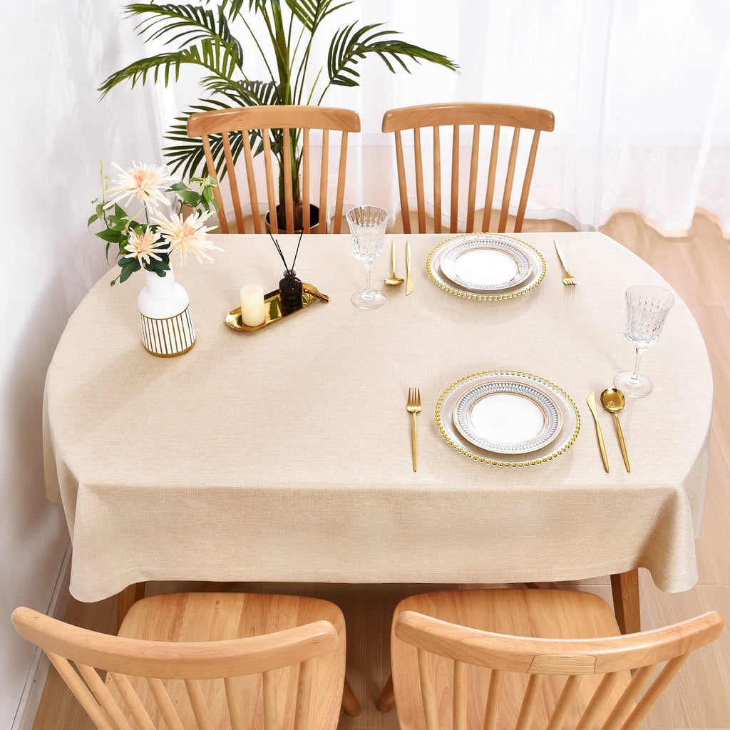 Polyester Oval Tablecloth Heavy Duty Wrinkle Resistant Fabric Table Cloths 60 x 102 Inch Beige Farmhouse Rustic Table